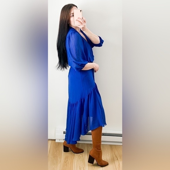 Taylor Royal Blue Azure Chiffon V neck High Low Midi Dress Medium - Picture 4 of 16
